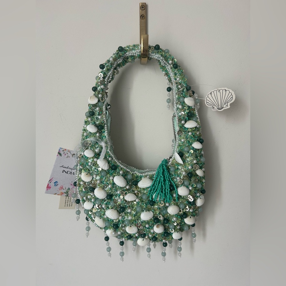 Viral beaded green fringe shell made in India shoulder bag